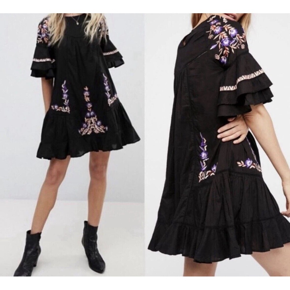 Free People Pavlo Embroidered Ruffle Mini Dress Black Women’s  Size Small - Picture 11 of 14